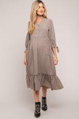 Taupe Gingham Front Button Sleeve Tie Maternity Midi Dress