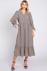 Taupe Gingham Front Button Sleeve Tie Maternity Midi Dress