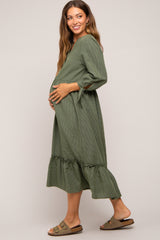 Olive Gingham Front Button Sleeve Tie Maternity Midi Dress