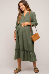 Olive Gingham Front Button Sleeve Tie Maternity Midi Dress