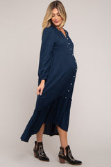 Navy Gingham Button Maternity Midi Dress