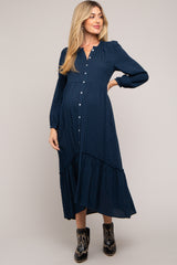 Navy Gingham Button Maternity Midi Dress