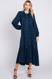 Navy Gingham Button Midi Dress