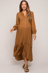 Mocha Gingham Button Maternity Midi Dress