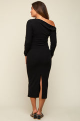 Black Off Shoulder Long Sleeve Maternity Midi Dress