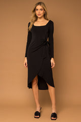 Black Long Sleeve Side Tie Maternity Midi Dress