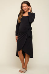 Black Long Sleeve Side Tie Maternity Midi Dress