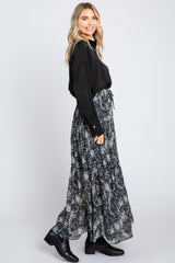 Charcoal Floral Chiffon Drawstring Tiered Midi Skirt