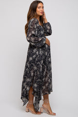 Charcoal Floral Chiffon Square Neck Button Front Maternity Midi Dress