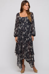 Charcoal Floral Chiffon Square Neck Button Front Maternity Midi Dress