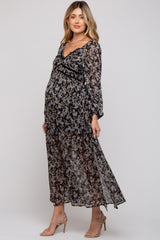 Black Floral Chiffon V-Neck Velvet Trim Maternity Maxi Dress