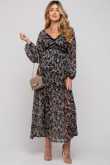 Black Floral Chiffon V-Neck Velvet Trim Maternity Maxi Dress