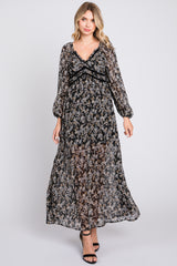 Black Floral Chiffon V-Neck Velvet Trim Maternity Maxi Dress