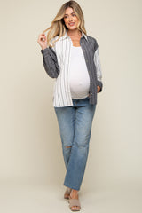 Charcoal Colorblock Striped Maternity Button Up Top