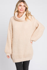 Cream Turtleneck Puff Sleeve Sweater Dress