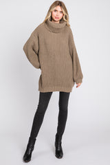 Mocha Turtleneck Puff Sleeve Maternity Sweater Dress