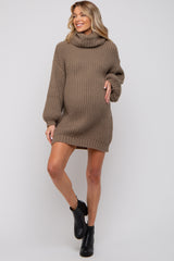 Mocha Turtleneck Puff Sleeve Maternity Sweater Dress