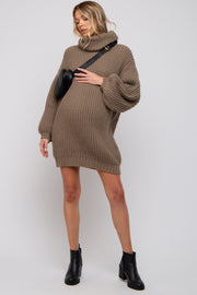 Mocha Turtleneck Puff Sleeve Maternity Sweater Dress