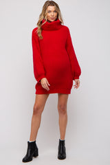 Red Turtleneck Puff Sleeve Maternity Sweater Dress