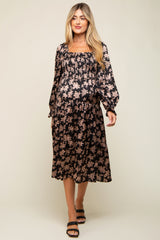 Taupe Floral Satin Smocked Tiered Maternity Midi Dress