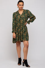 Forest Green Leaf Print Long Sleeve Dress