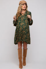 Forest Green Leaf Print Long Sleeve Maternity Dress