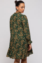 Forest Green Leaf Print Long Sleeve Dress