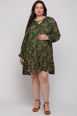 Forest Green Leaf Print Long Sleeve Maternity Plus Dress