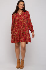 Red Leaf Print Long Sleeve Dress