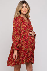 Red Leaf Print Long Sleeve Maternity Dress