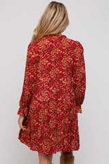 Red Leaf Print Long Sleeve Maternity Dress