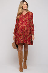 Red Leaf Print Long Sleeve Maternity Dress