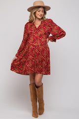 Red Leaf Print Long Sleeve Maternity Dress