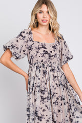 Navy Blue Floral Square Neck Short Puff Sleeve Maxi Dress