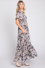 Navy Blue Floral Square Neck Short Puff Sleeve Maxi Dress