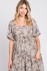 Grey Floral Square Neck Short Puff Sleeve Maxi Dress