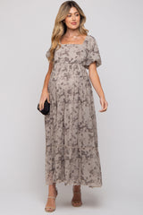 Grey Floral Square Neck Short Puff Sleeve Maternity Maxi Dress