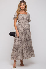 Grey Floral Square Neck Short Puff Sleeve Maternity Maxi Dress