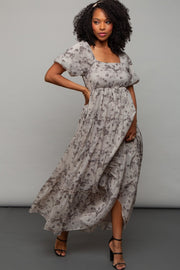 Grey Floral Square Neck Short Puff Sleeve Maxi Dress