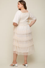 Cream Swiss Dot Smocked Tiered Maternity Plus Midi Dress