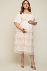 Cream Swiss Dot Smocked Tiered Maternity Plus Midi Dress