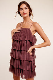 Brown Ruffled Tulle Mini Dress