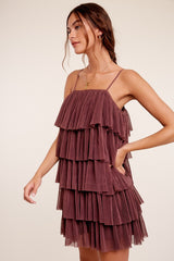 Brown Ruffled Tulle Mini Dress