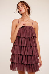 Brown Ruffled Tulle Mini Dress