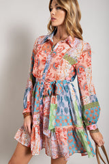 Multi Color Flower Print Long Sleeve Shirt Dress