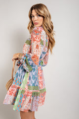 Multi Color Flower Print Long Sleeve Shirt Dress