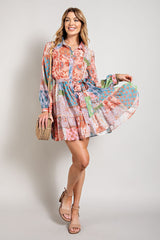 Multi Color Flower Print Long Sleeve Shirt Dress