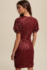 Burgundy Sequin Fitted Mini Dress