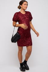 Burgundy Sequin Fitted Maternity Mini Dress