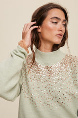 Mint Sequin Knit Mock Neck Sweater